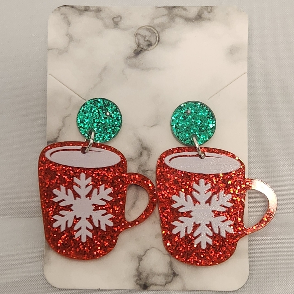 1 3/4” x 1 1/4” Christmas Mug Drop Glitter Acrylic Stud Dangle Earrings
